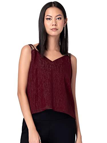 faballey women's regular fit maroon embellished strappy top (top06273 xs)