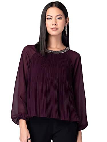 faballey women's regular fit maroon pleated embellished neck blouse (top06296 m)