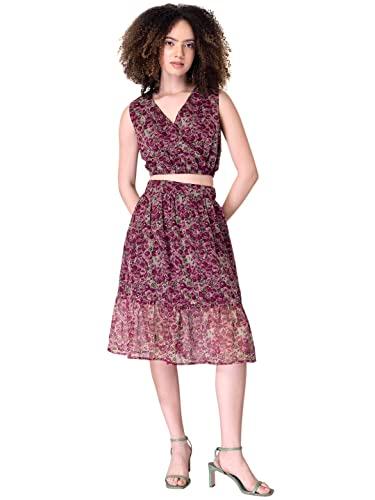 faballey women's woven pink floral crop top and midi skirt set knee-length dress (fco00257