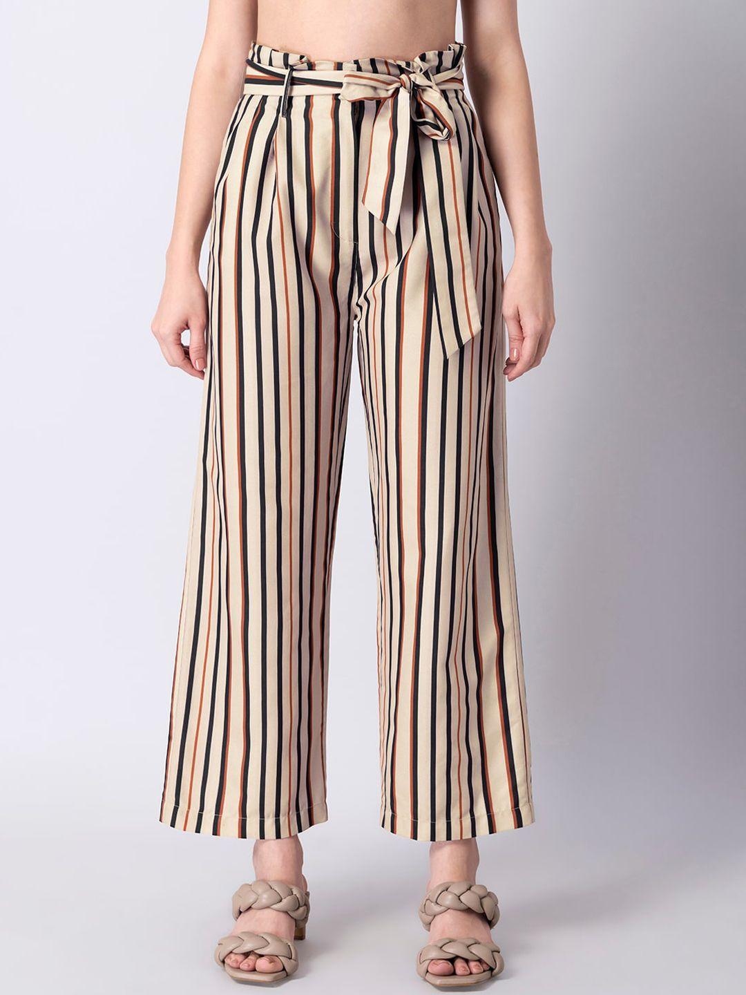 faballey women beige striped waist belted high-rise trouser
