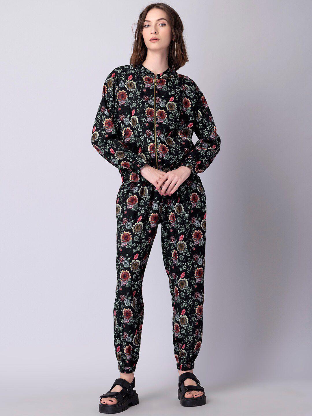 faballey women black & red floral printed jacket and joggers co-ords set