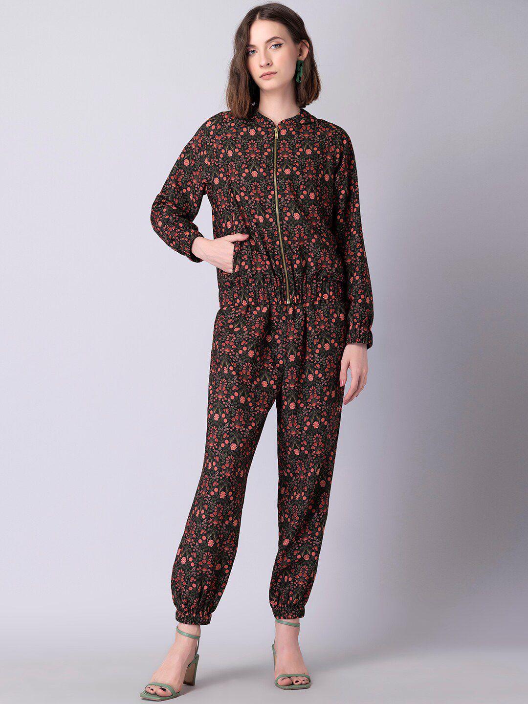 faballey women black & red printed jacket with joggers co-ords set