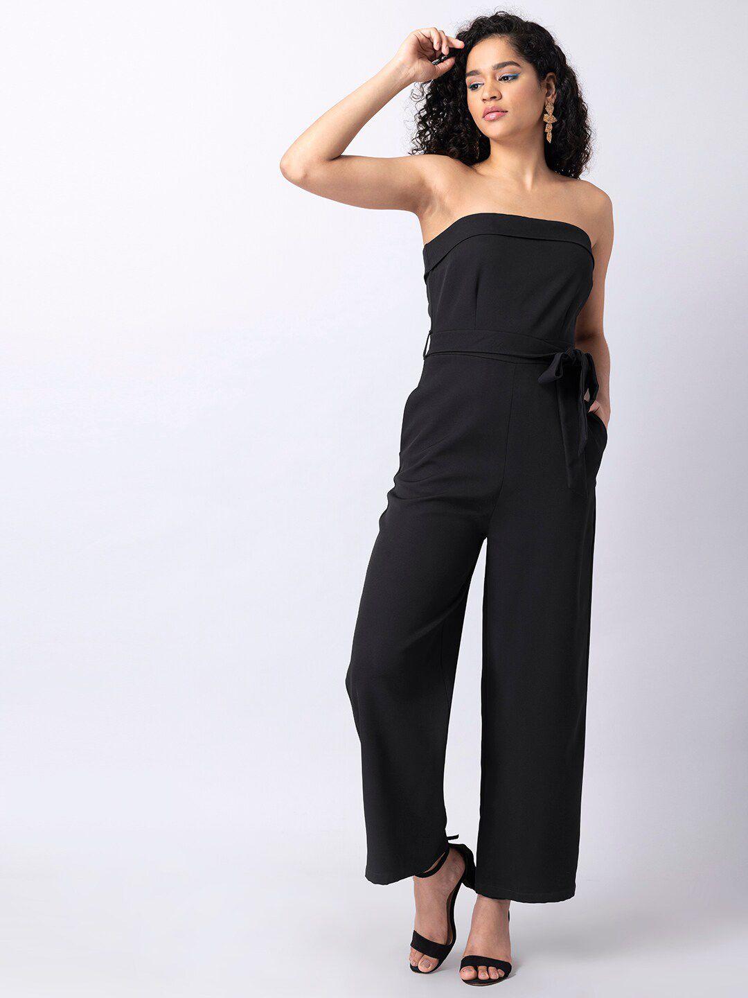 faballey women black solid strapless basic jumpsuit