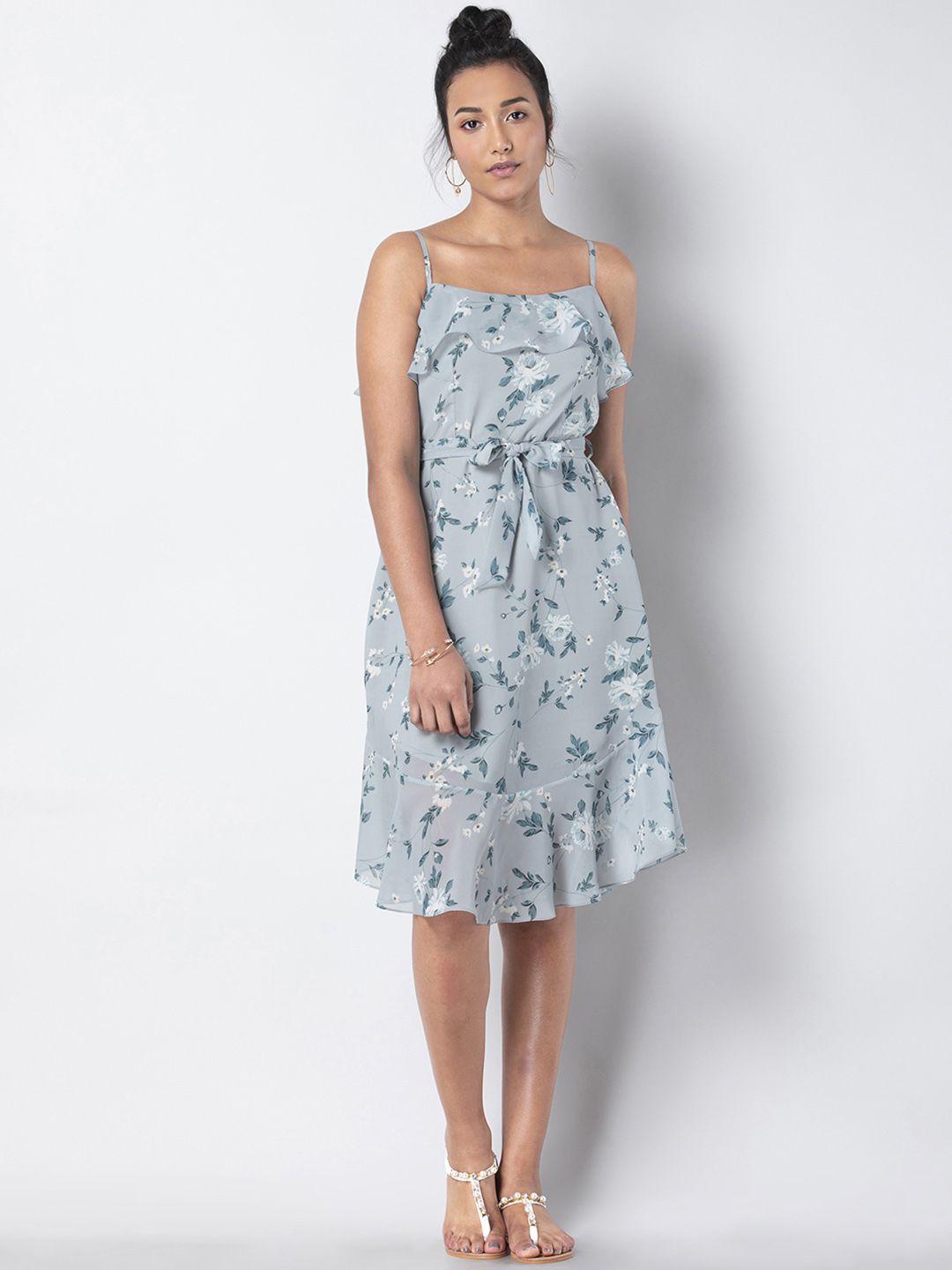 faballey women blue floral  a-line dress with attatched belt