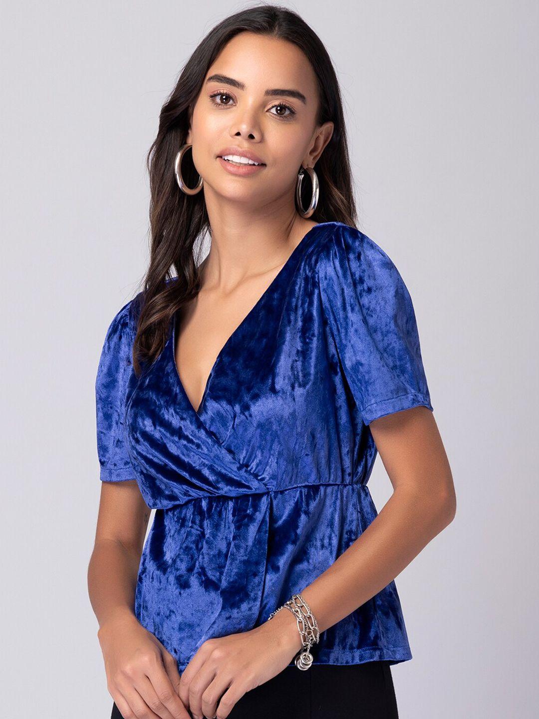 faballey women blue solid v-neck velvet wrap top