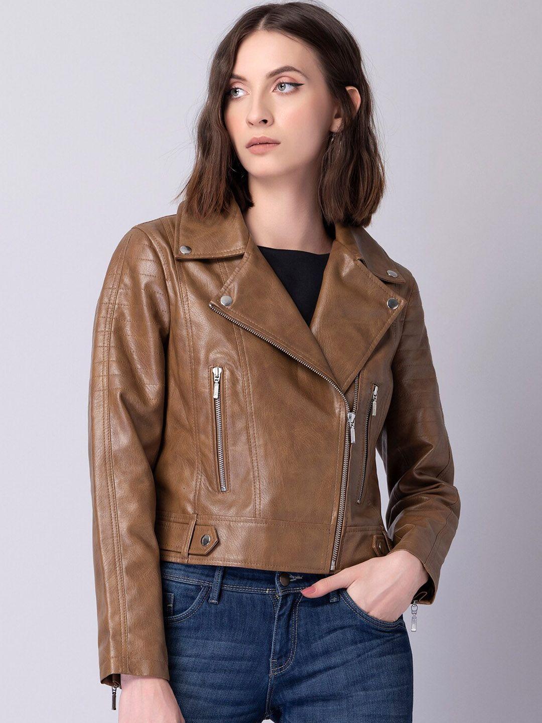 faballey women brown crop biker jacket