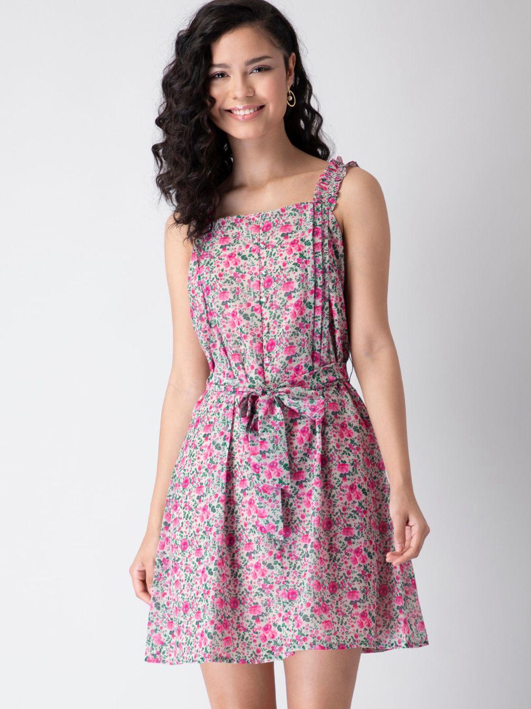 faballey women cream & pink floral belted georgette dress