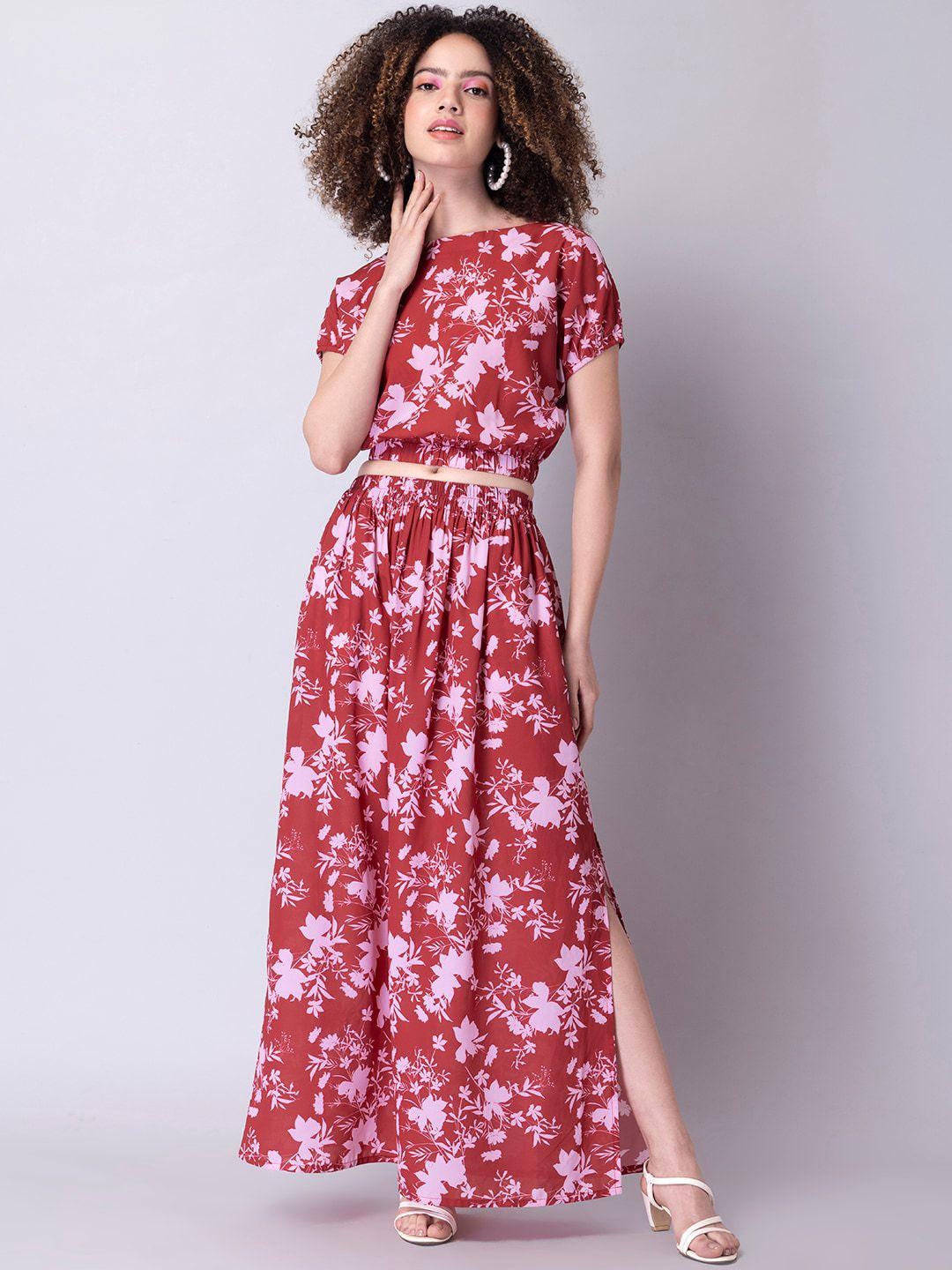 faballey women floral printed crop top & skirt co-ords set