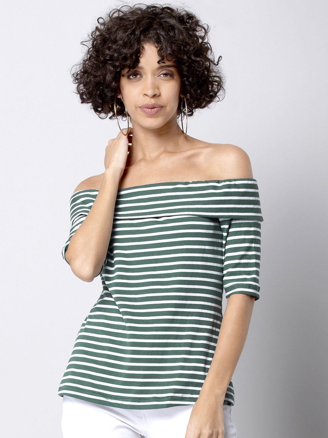 faballey women green & white striped bardot top