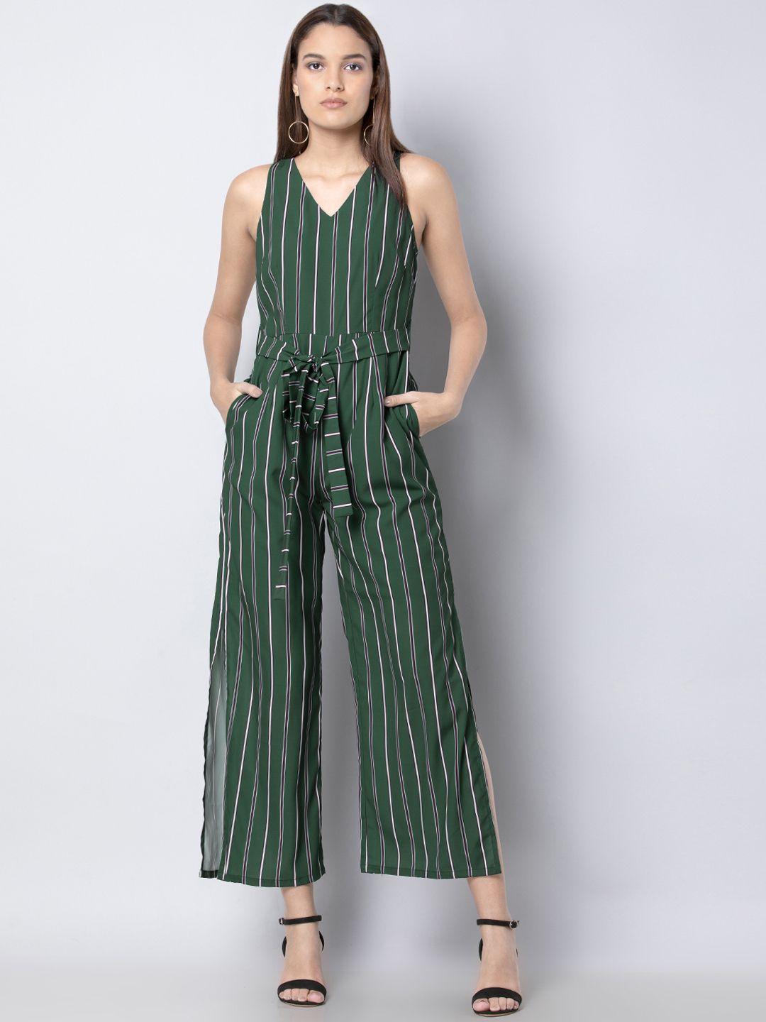 faballey women green & white striped basic jumpsuit