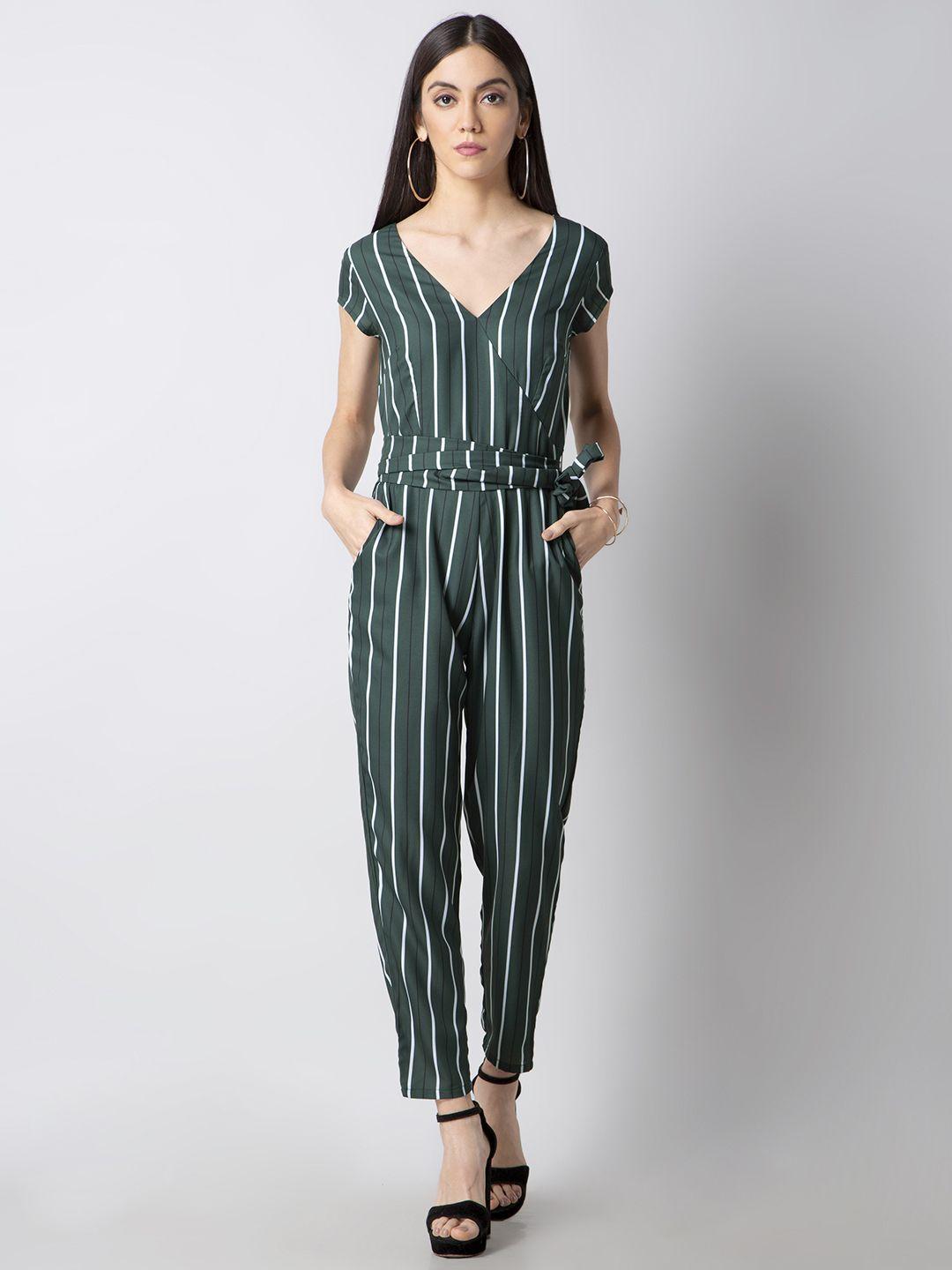 faballey women green & white striped basic jumpsuit