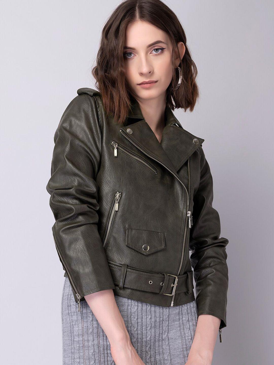 faballey women green crop biker jacket