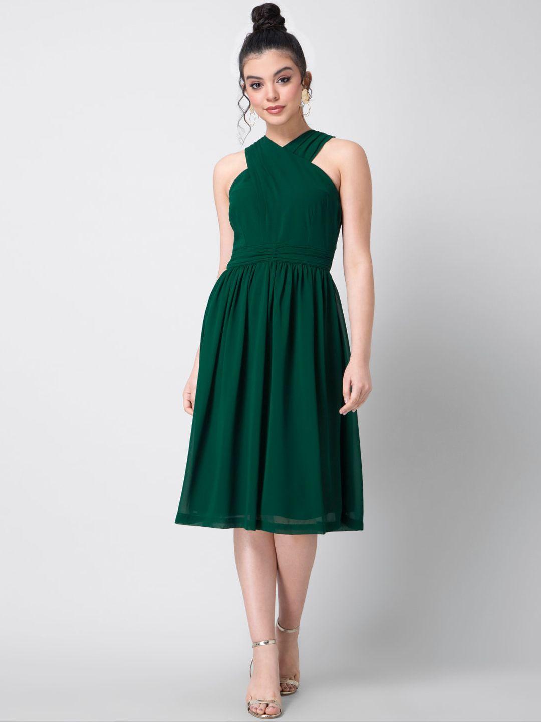 faballey women green solid fit and flare dress