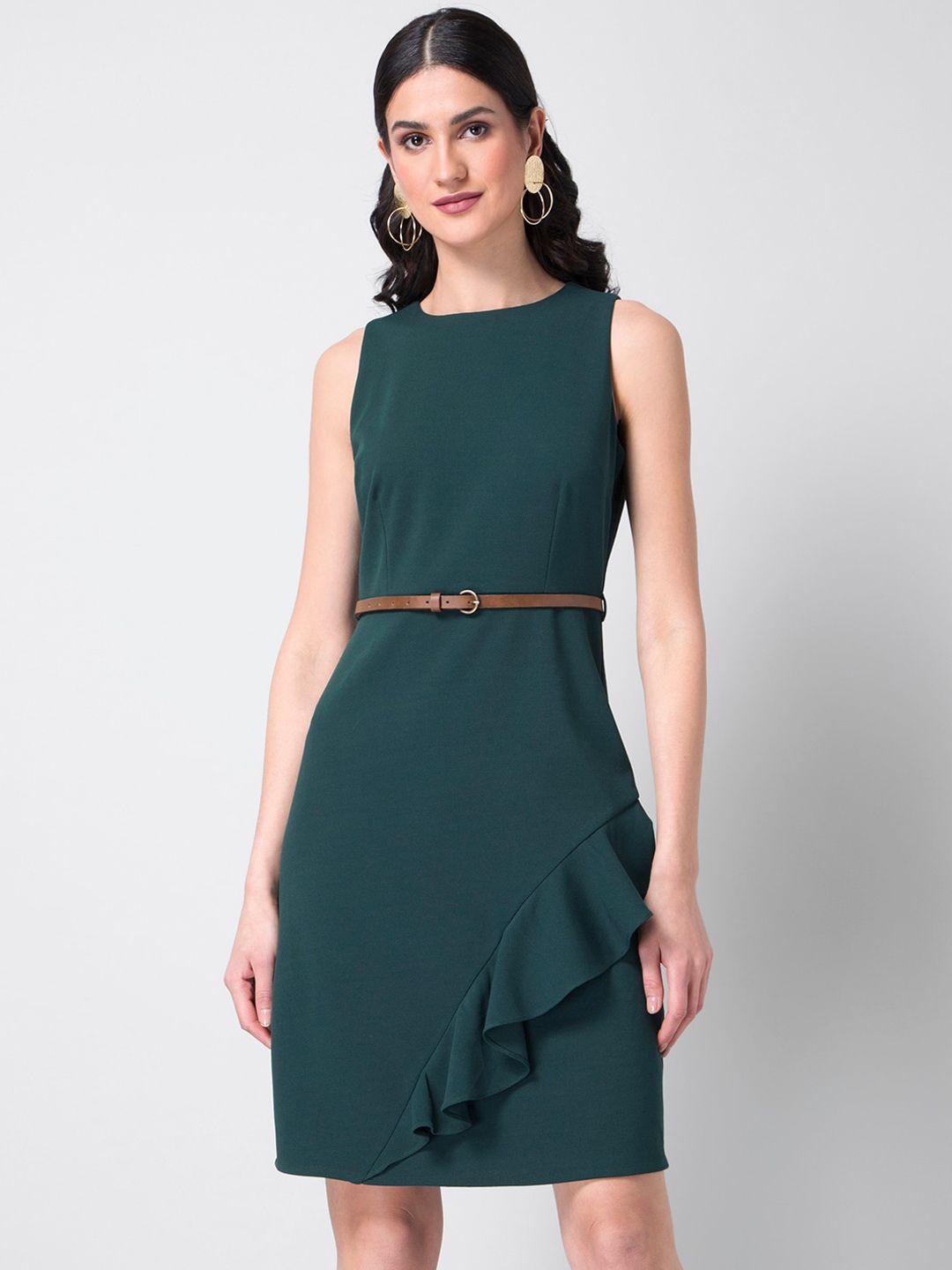 faballey women green solid sheath dress