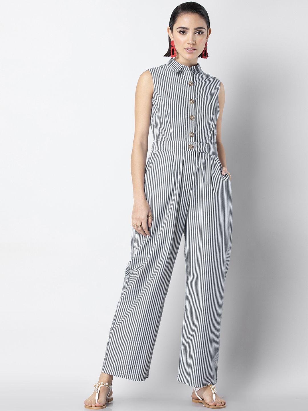 faballey women grey & white striped jumpsuit