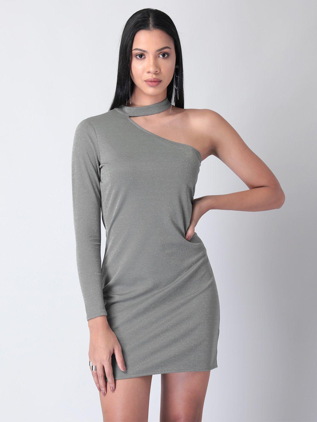 faballey women grey solid one shoulder sheath mini dress