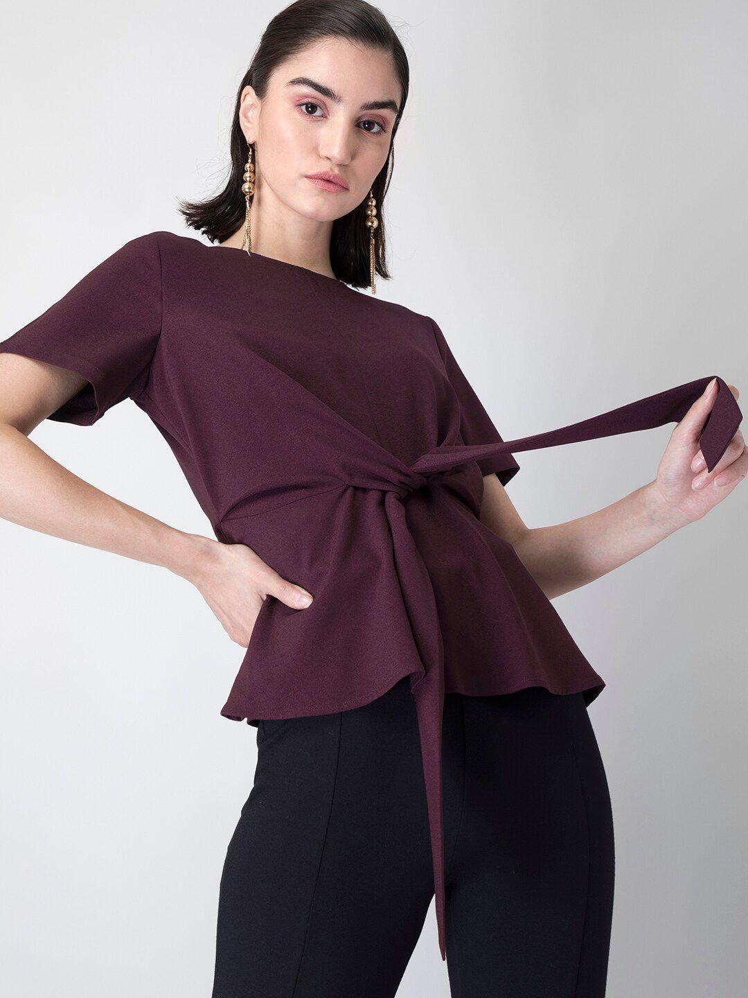 faballey women maroon crepe cinched waist top