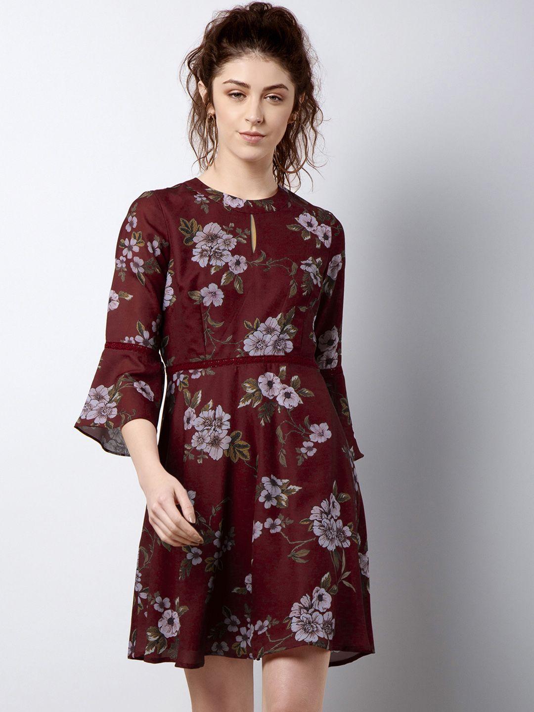 faballey women maroon printed fit and flare dress