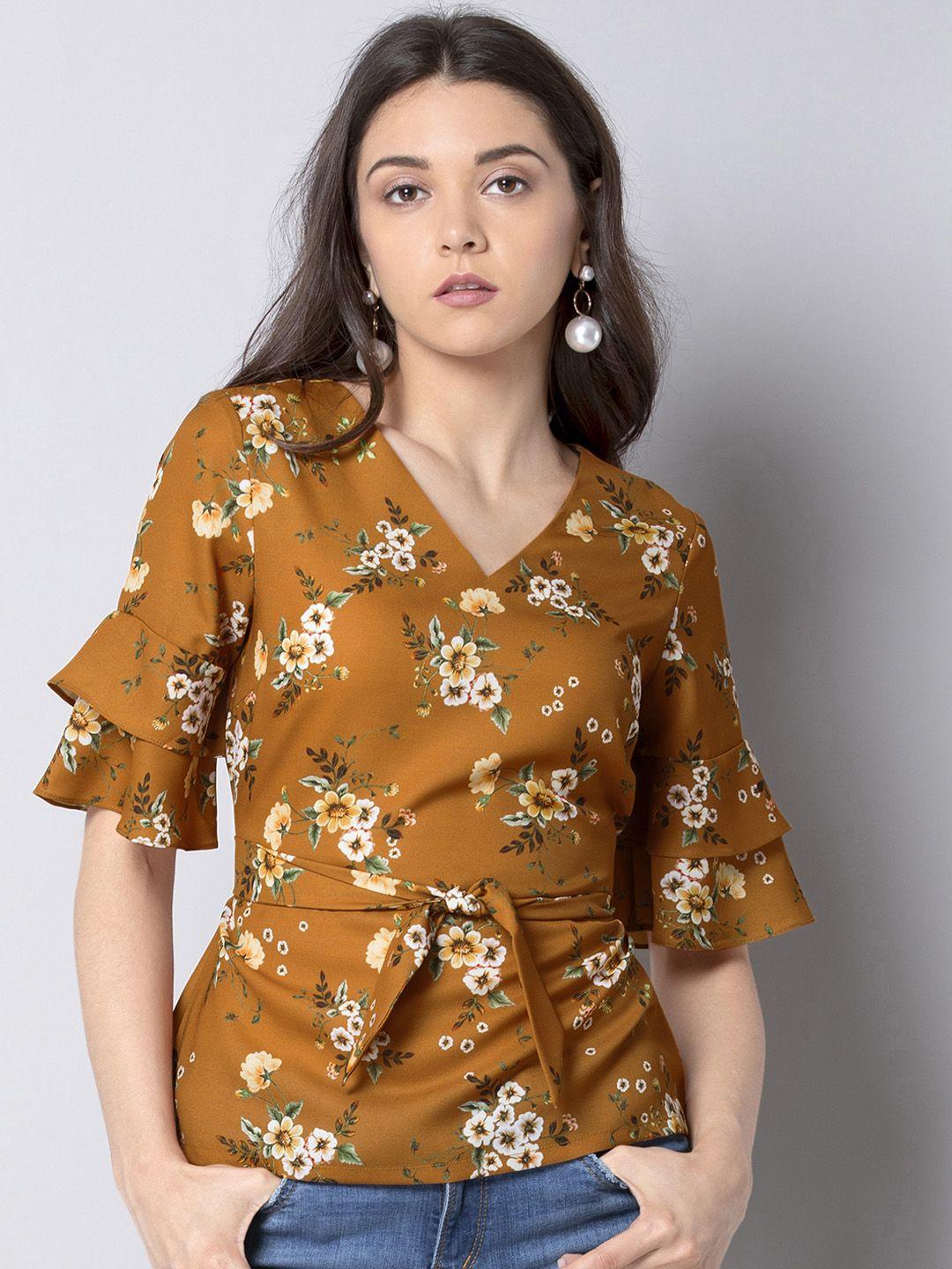 faballey women mustard brown printed top