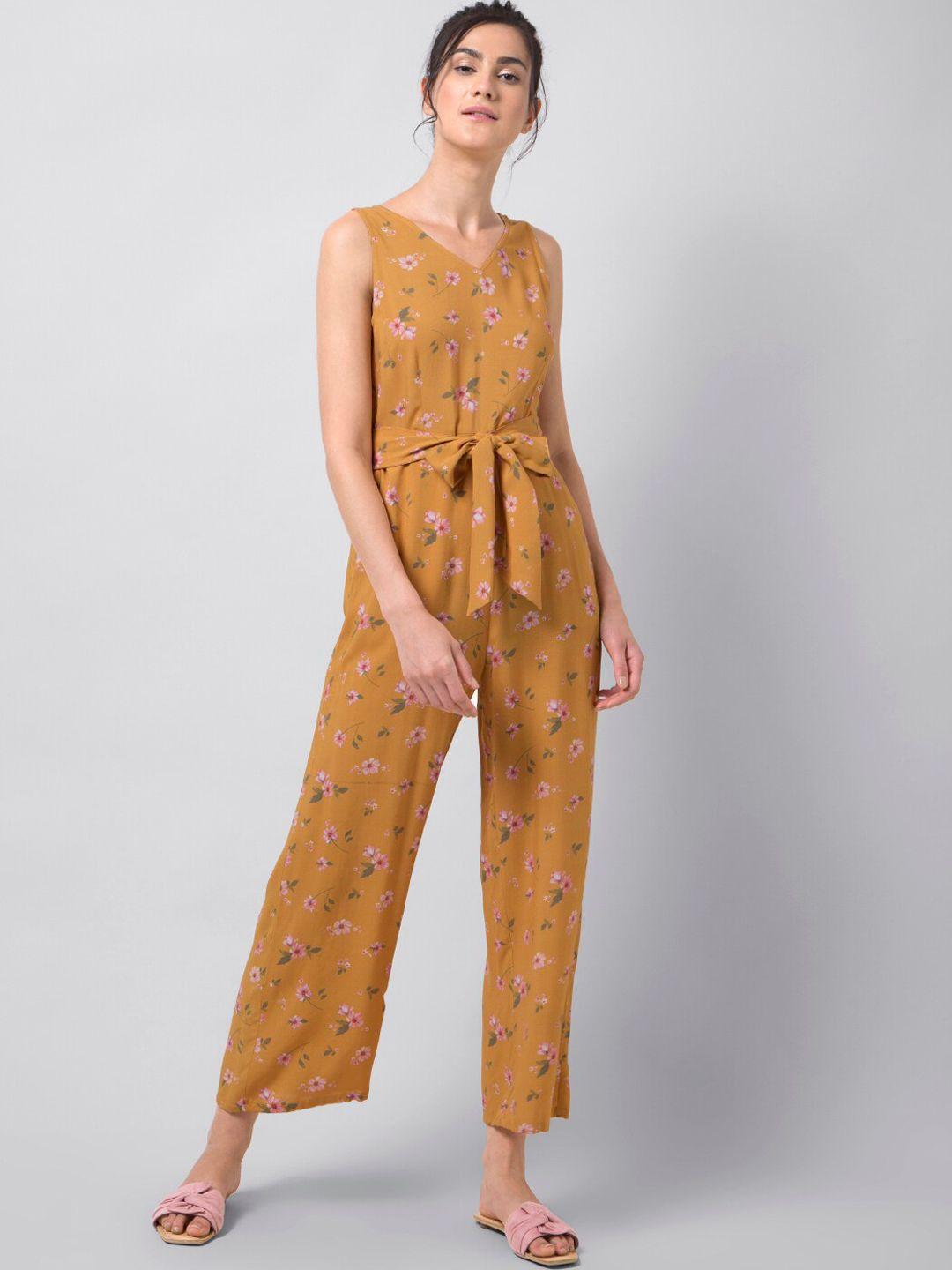 faballey women mustard yellow & pink floral printed basic jumpsuit