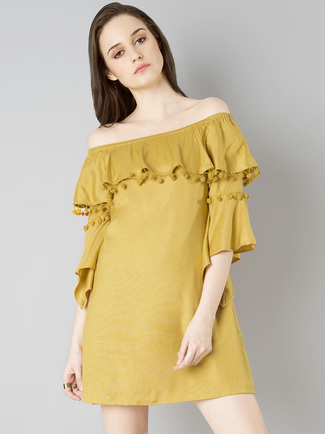 faballey women mustard yellow solid a-line dress