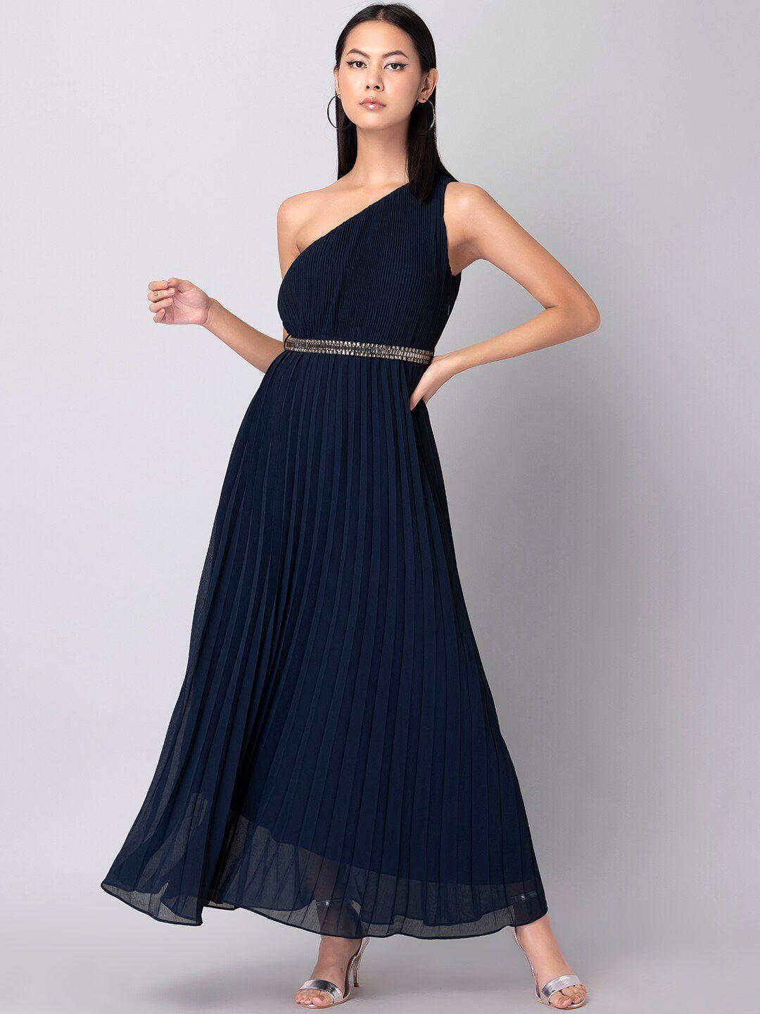 faballey women navy blue one shoulder maxi dress