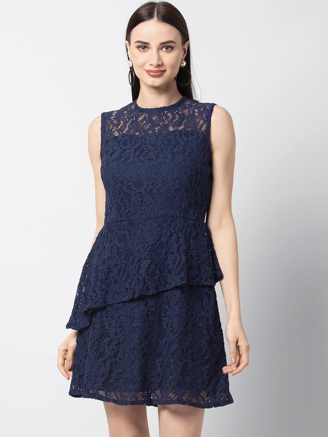 faballey women navy blue self design lace insert fit and flare dress