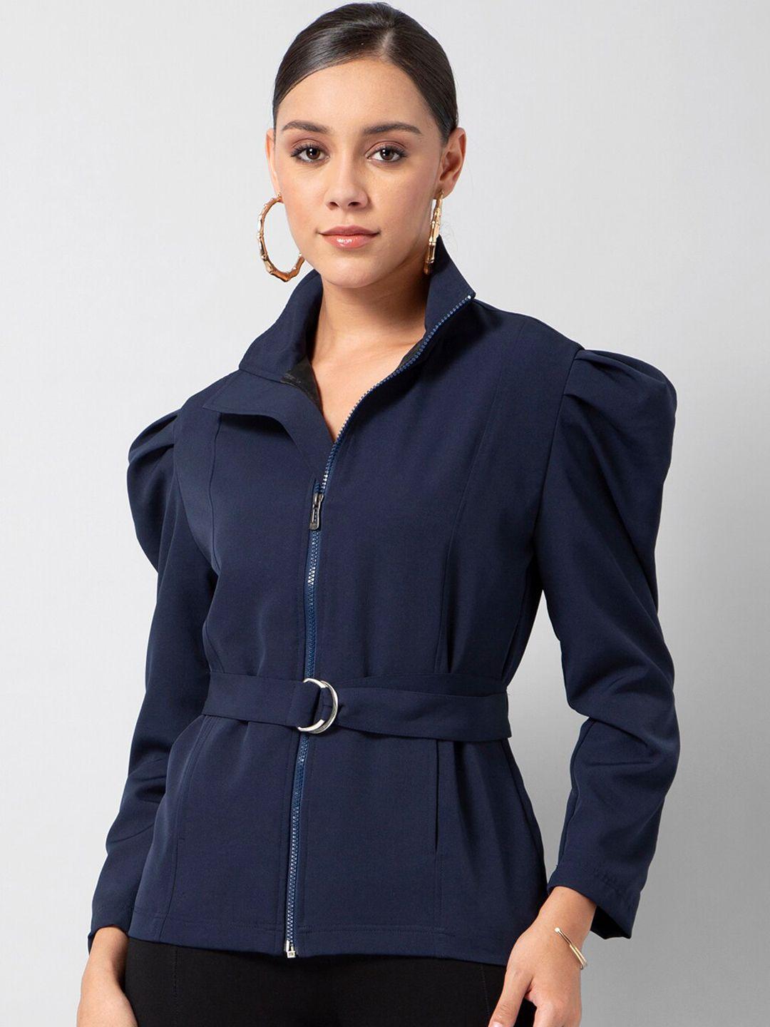 faballey women navy blue solid tailored jacket