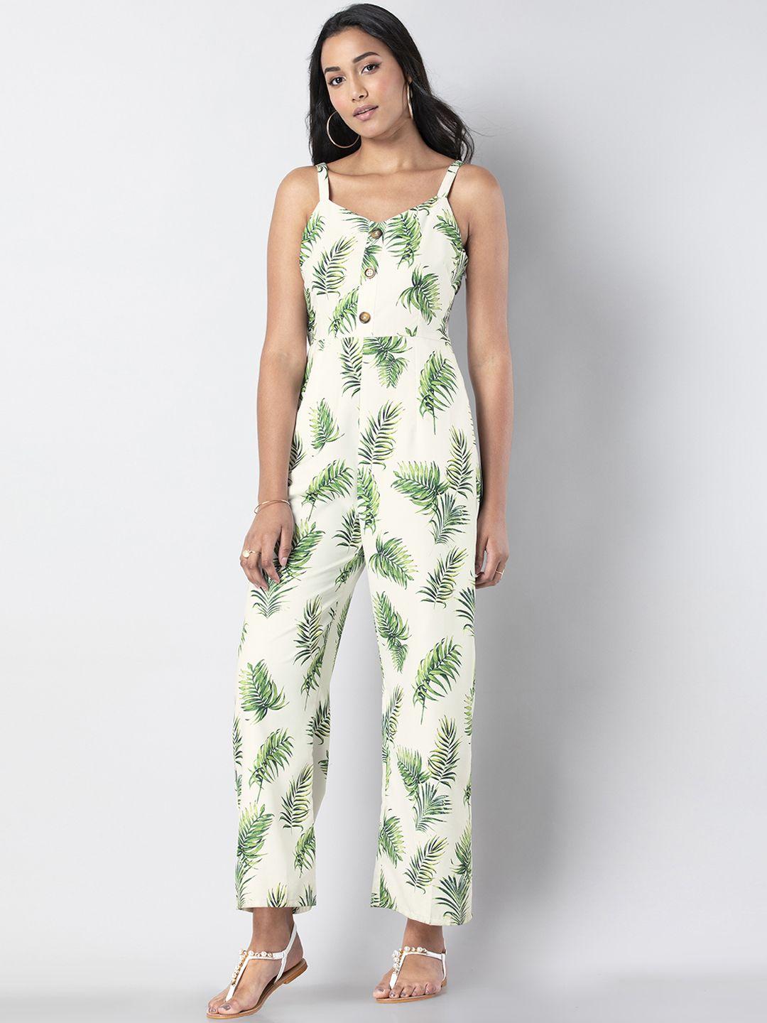 faballey women off-white & green printed basic jumpsuit