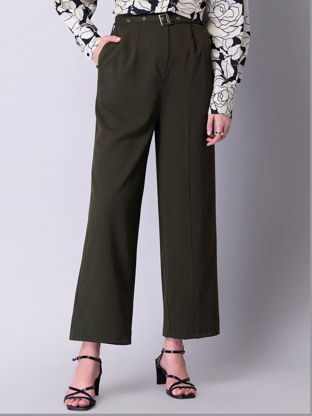 faballey women olive belted high waist straight fit trousers