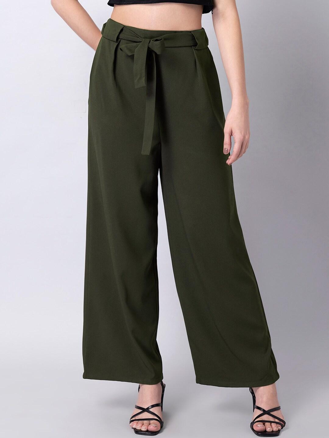 faballey women olive green pleated trousers