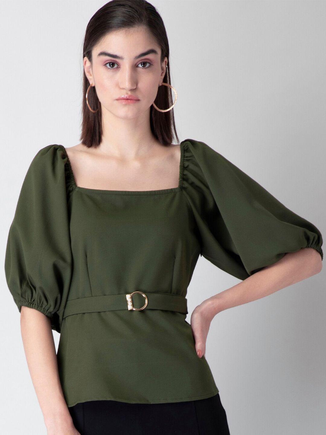 faballey women olive green puff sleeve regular top