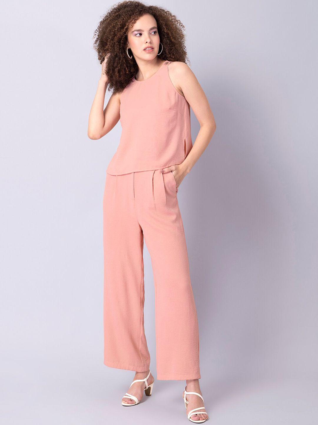 faballey women peach-coloured solid top and trousers