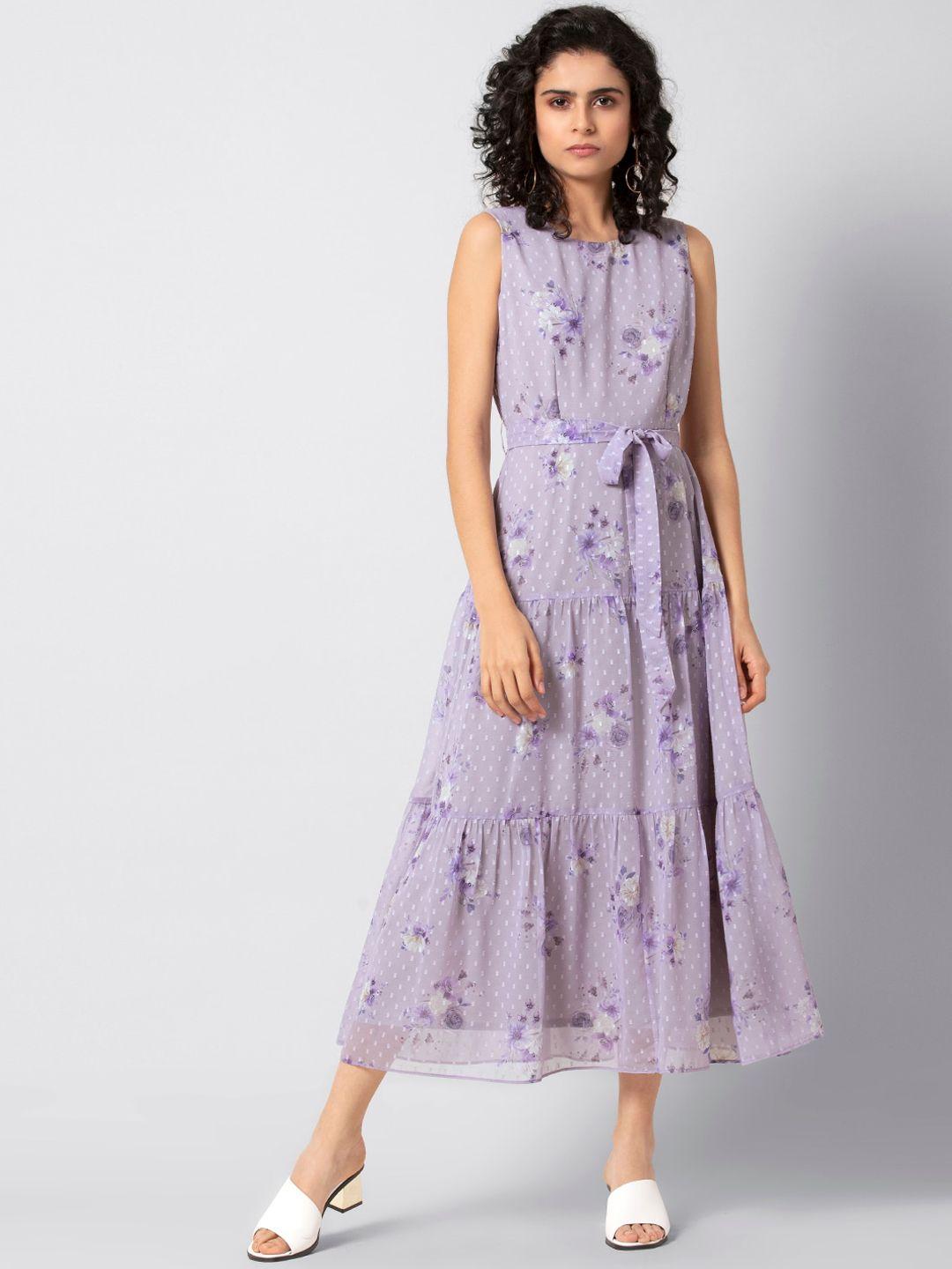 faballey women purple floral printed a-line dress with attatched belt