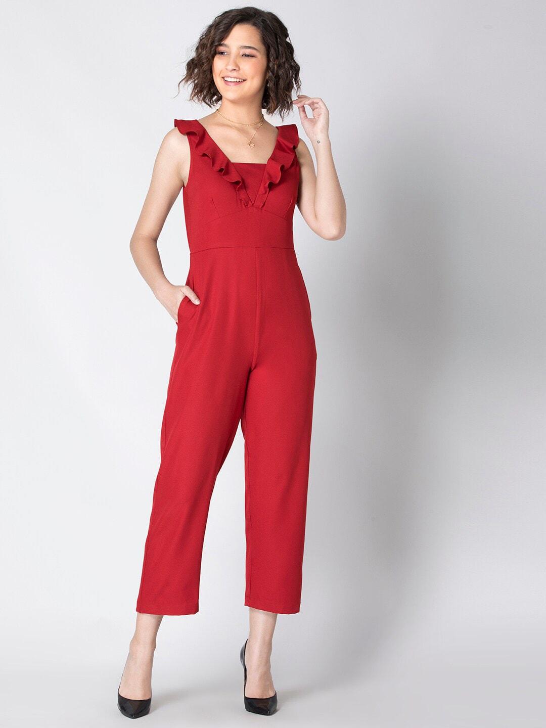 faballey women red solid culotte jumpsuit with frills