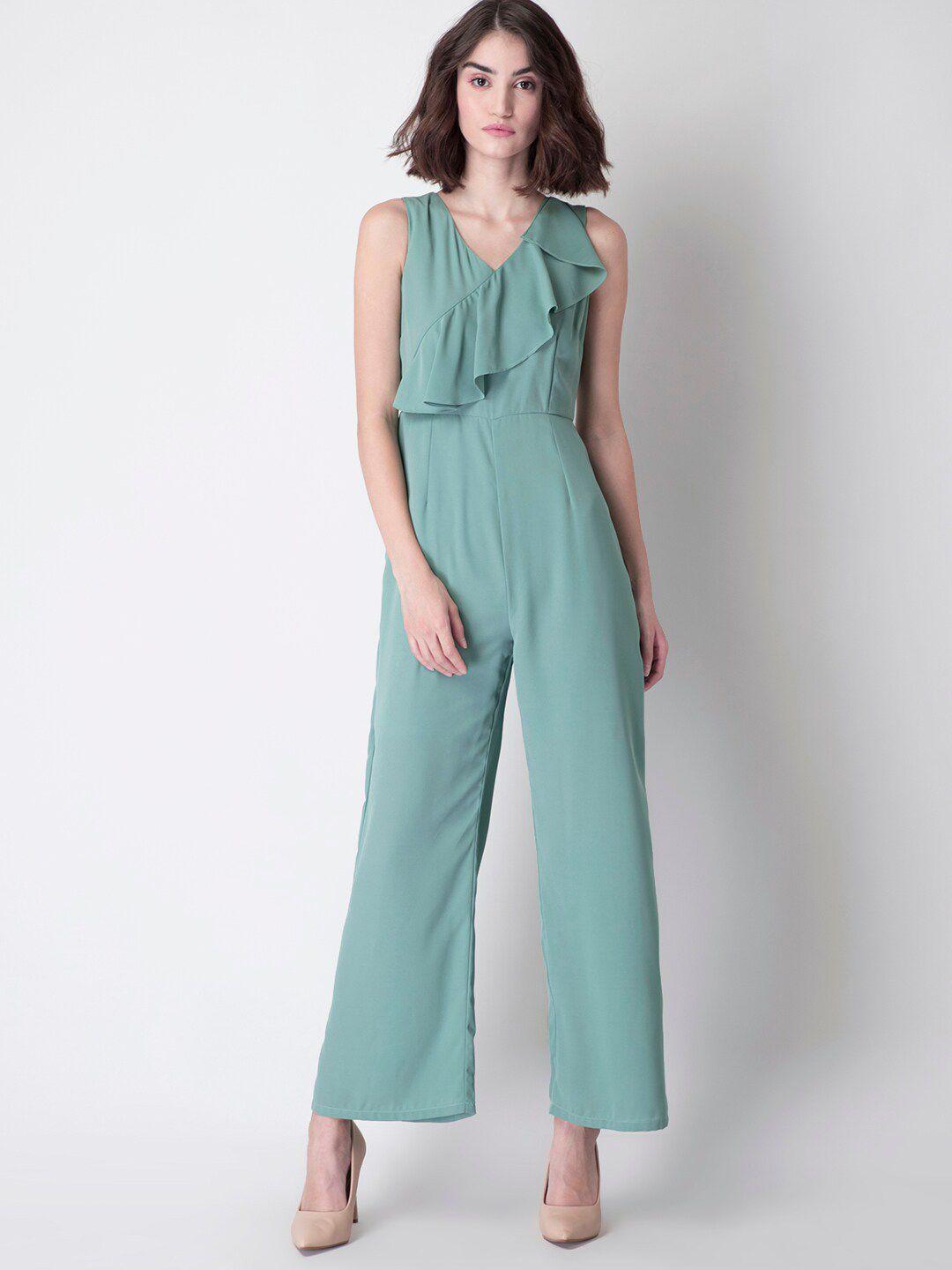 faballey women sea green basic jumpsuit with ruffles