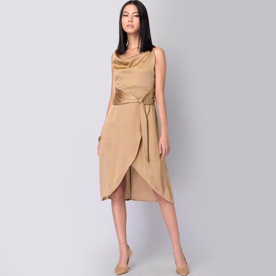 faballey women solid cowl neck asymmetric dress