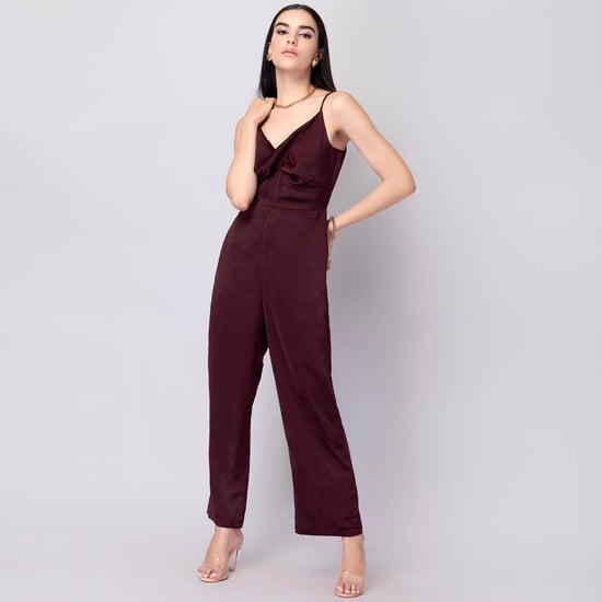 faballey women solid spaghetti sleeves jumpsuit