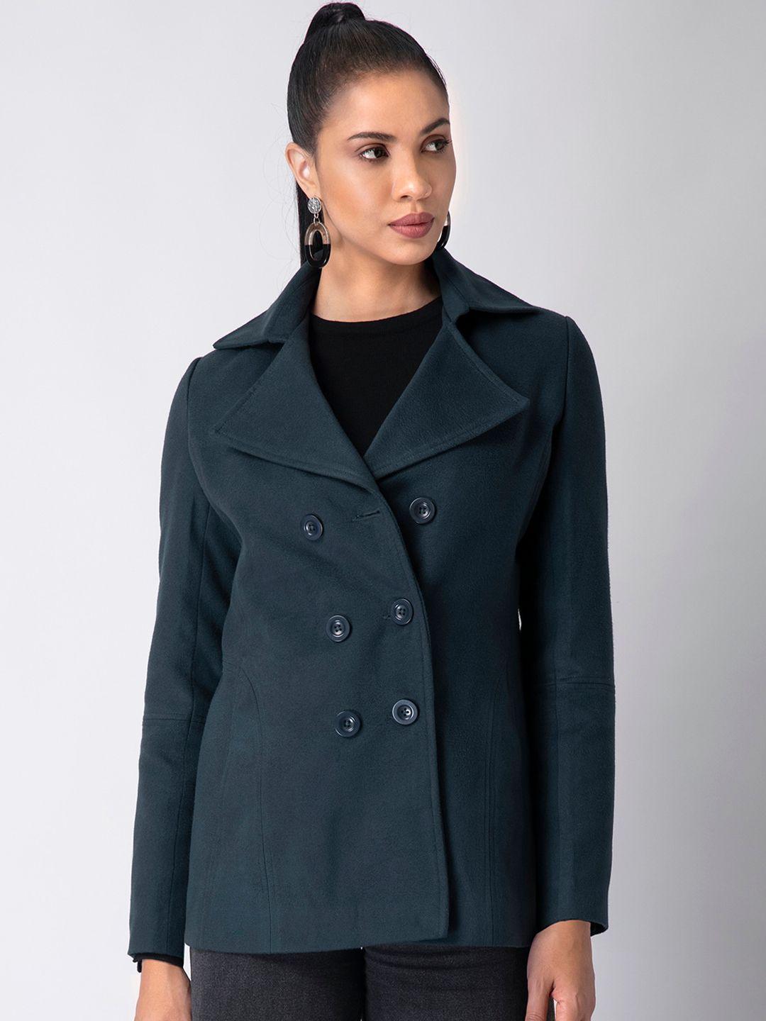 faballey women teal blue coloured solid double-breasted trench coat