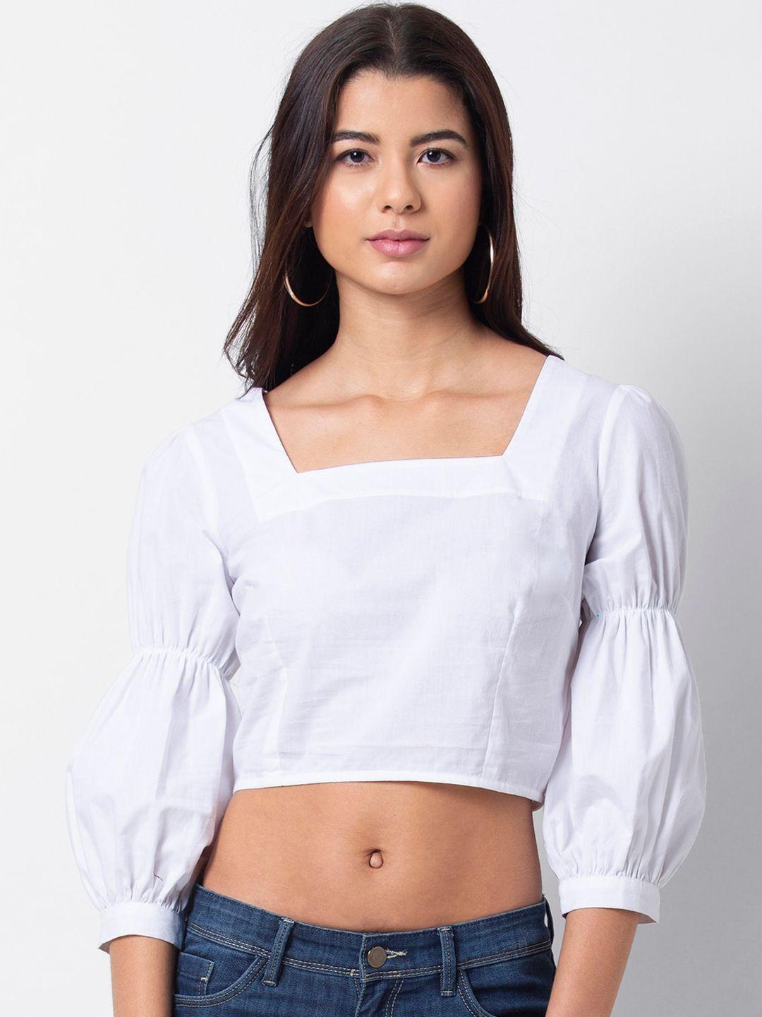 faballey women white solid crop pure cotton top