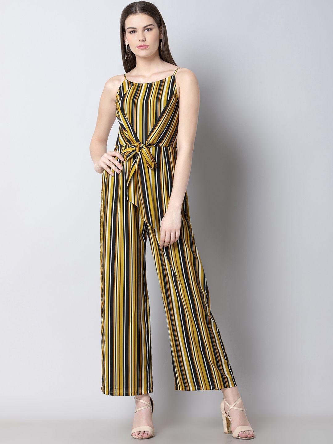 faballey women yellow & black striped basic jumpsuit