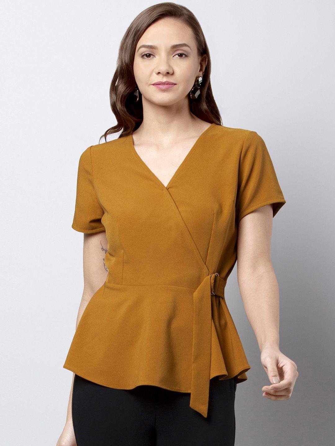 faballey women yellow solid wrap top