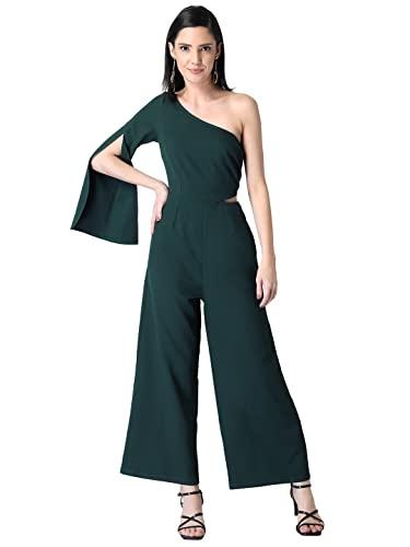 faballey womens green one shoulder flared sleeve jumpsuit jumpsuit, green, m