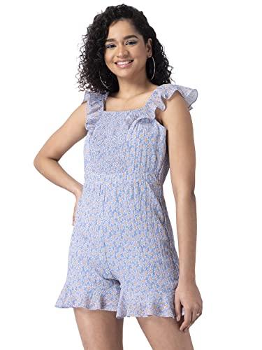 faballey womens powder blue floral smocked ruffled playsuit jumpsuits, blue, xs