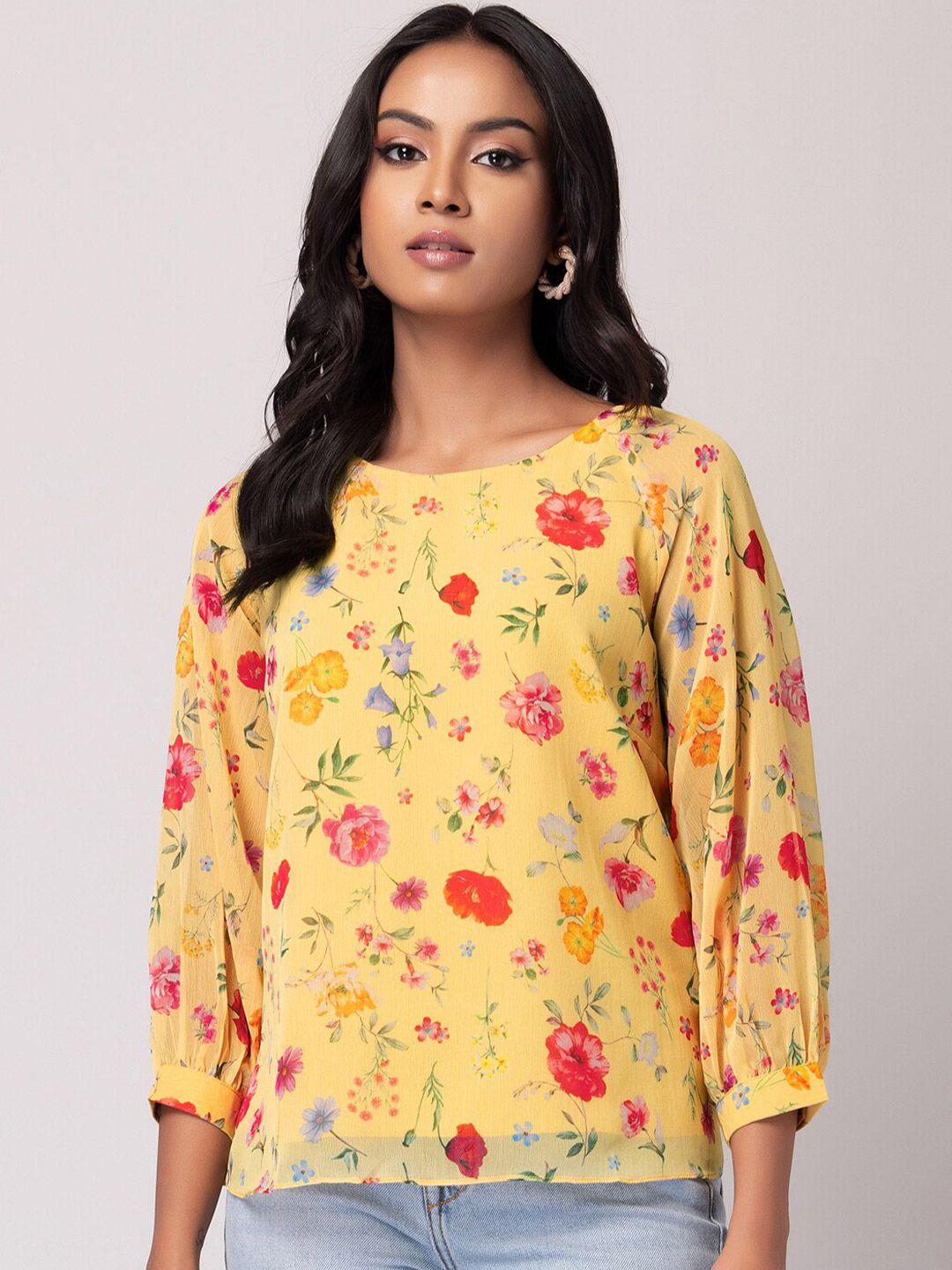 faballey yellow floral print georgette top