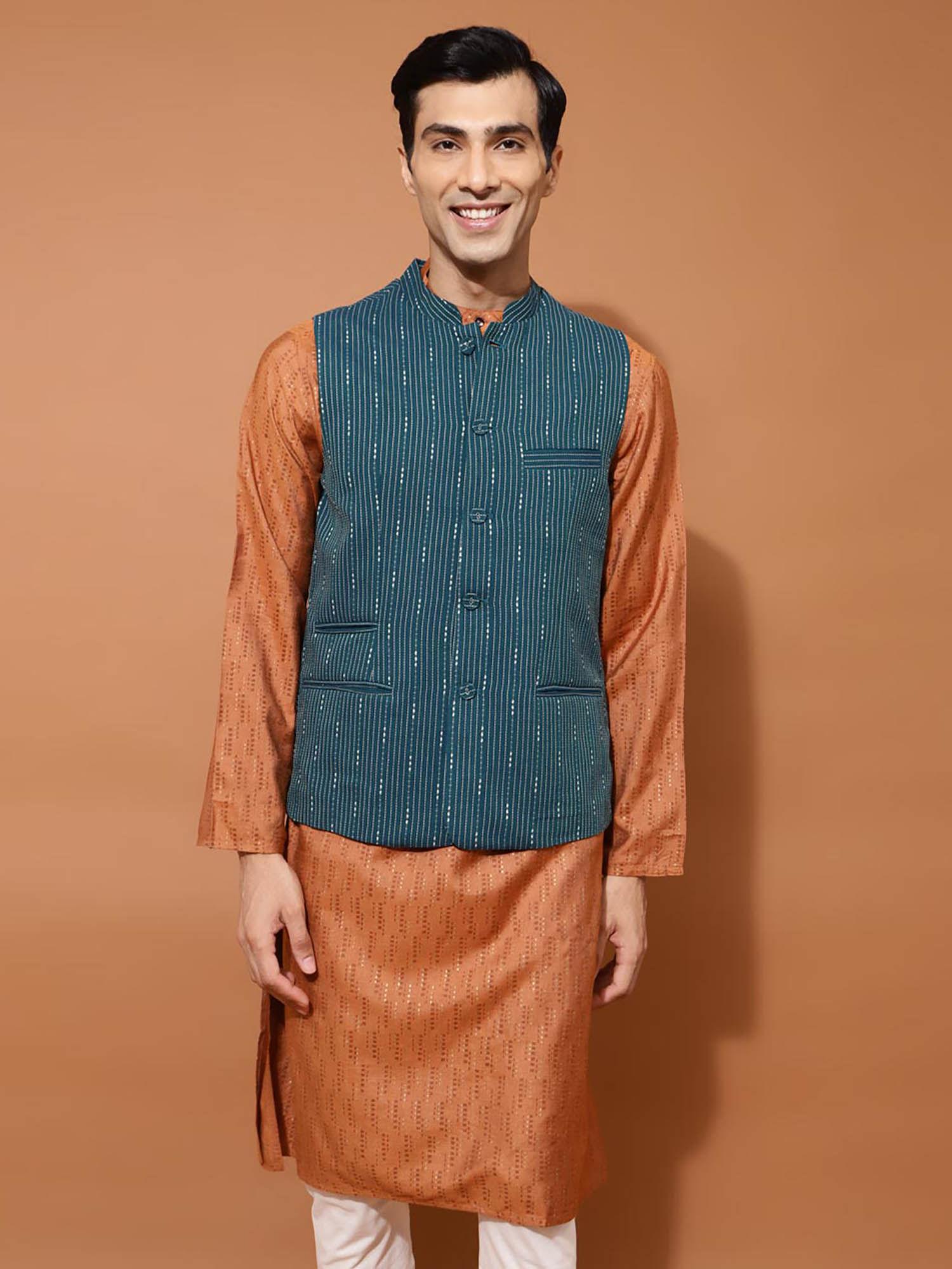 fabbasics blue cotton woven nehru jacket