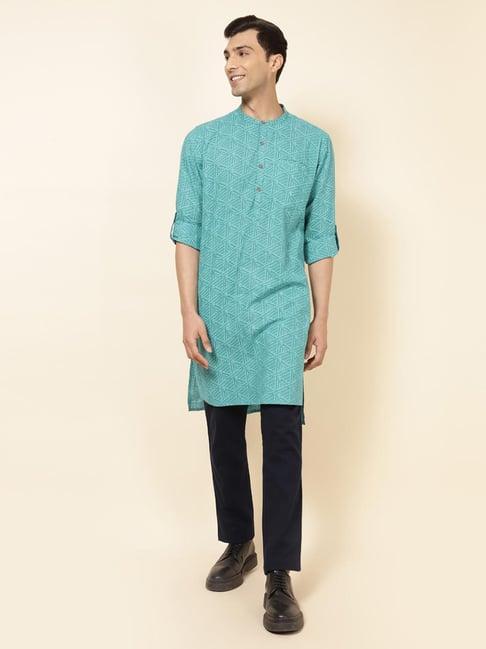 fabbasics by fabindia light teal slim fit printed kurta