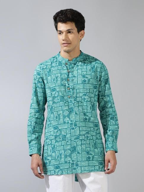 fabbasics by fabindia light teal slim fit printed short kurta