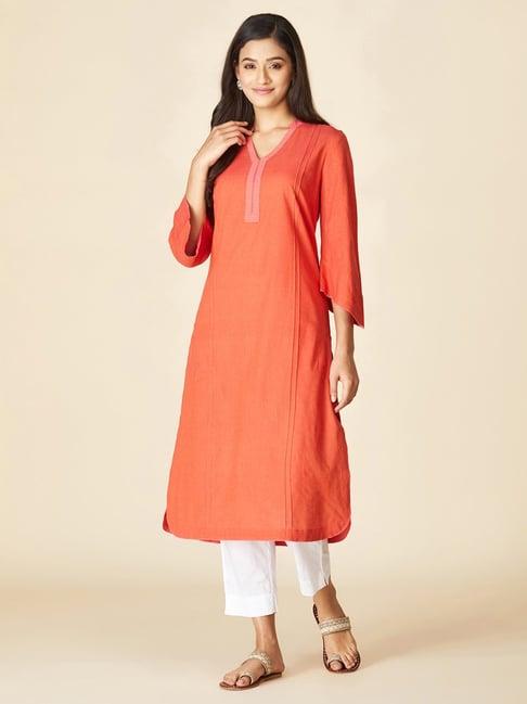 fabbasics by fabindia orange cotton straight kurta