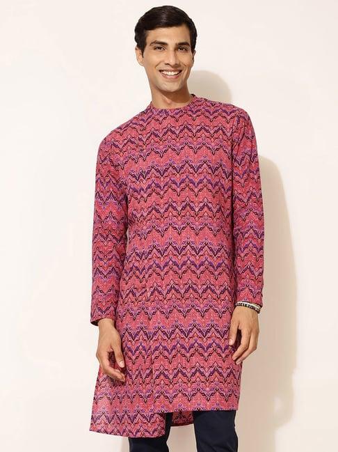 fabbasics by fabindia pink & purple cotton slim fit printed kurta